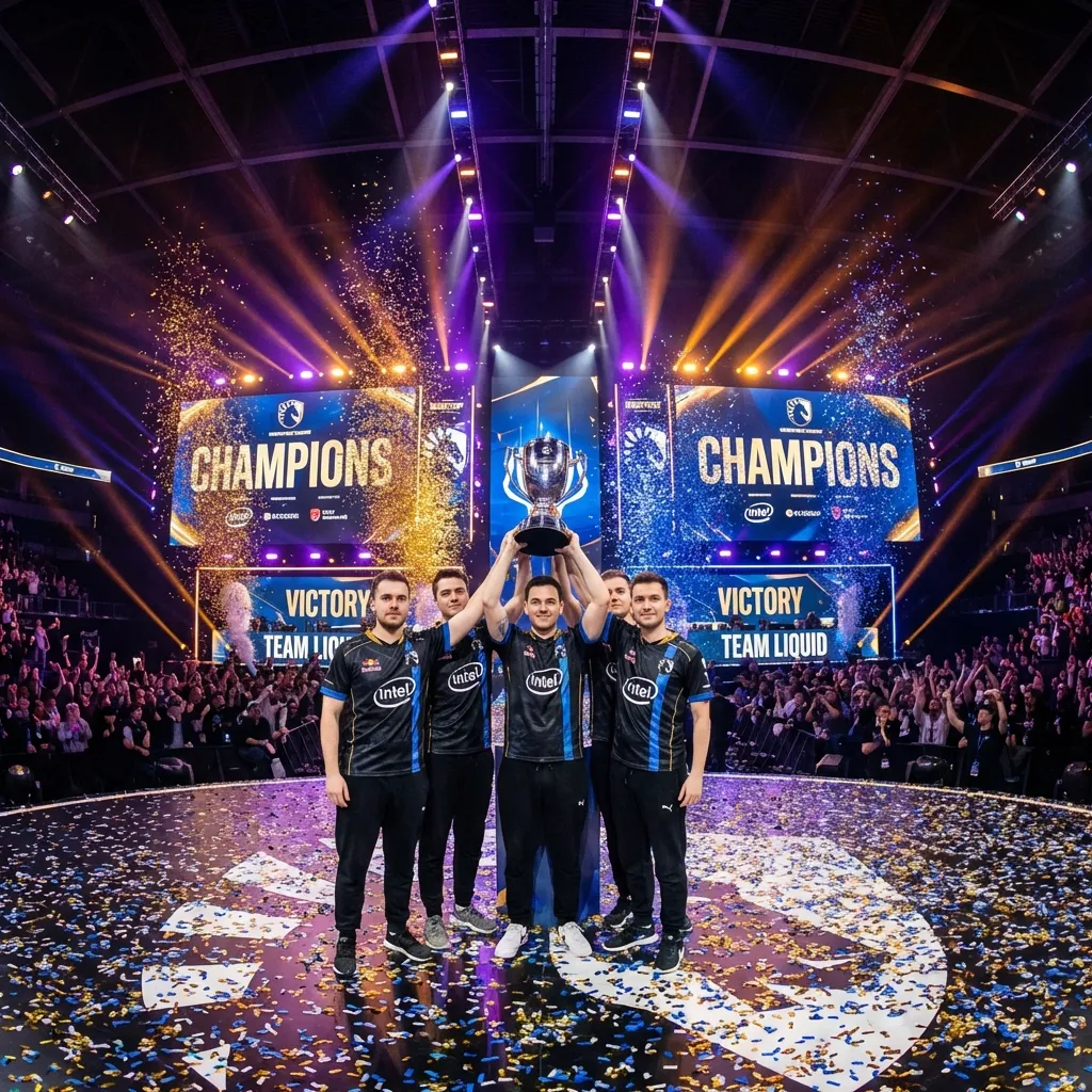 professional esports team with branded jerseys, tournament stage with sponsor logos